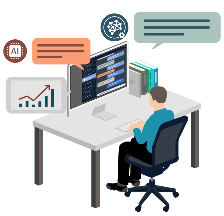 データ分析と打ち合わせを行うビジネスシーンのイラスト