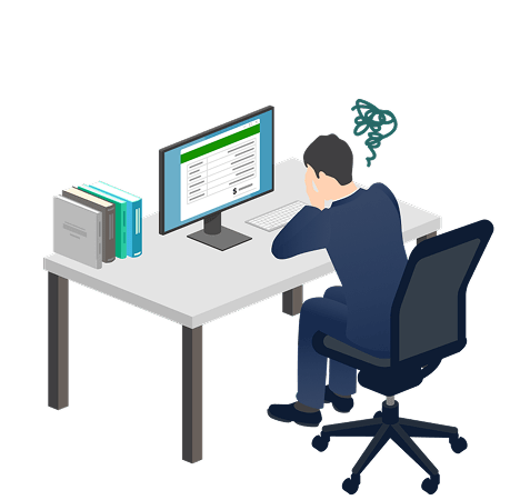 パソコンの前で悩む男性